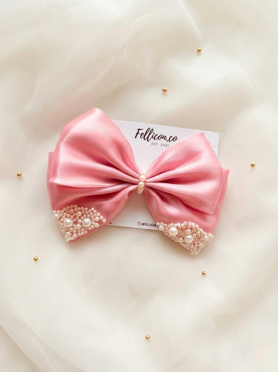 Pink Organza Pearl Hair Bow, Oversized Coquette Bridal Clip, Romantic Wedding Accessory