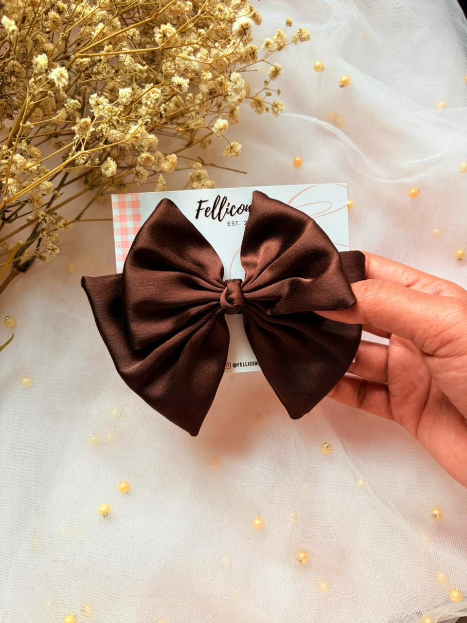 Brown Satin Double Layer Hair Bow, Coquette Barrette for Women Girls