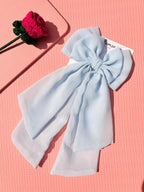 Pale Blue Double Layer Chiffon Bow Hair Clip – Large Sheer Fabric Bow with Tails
