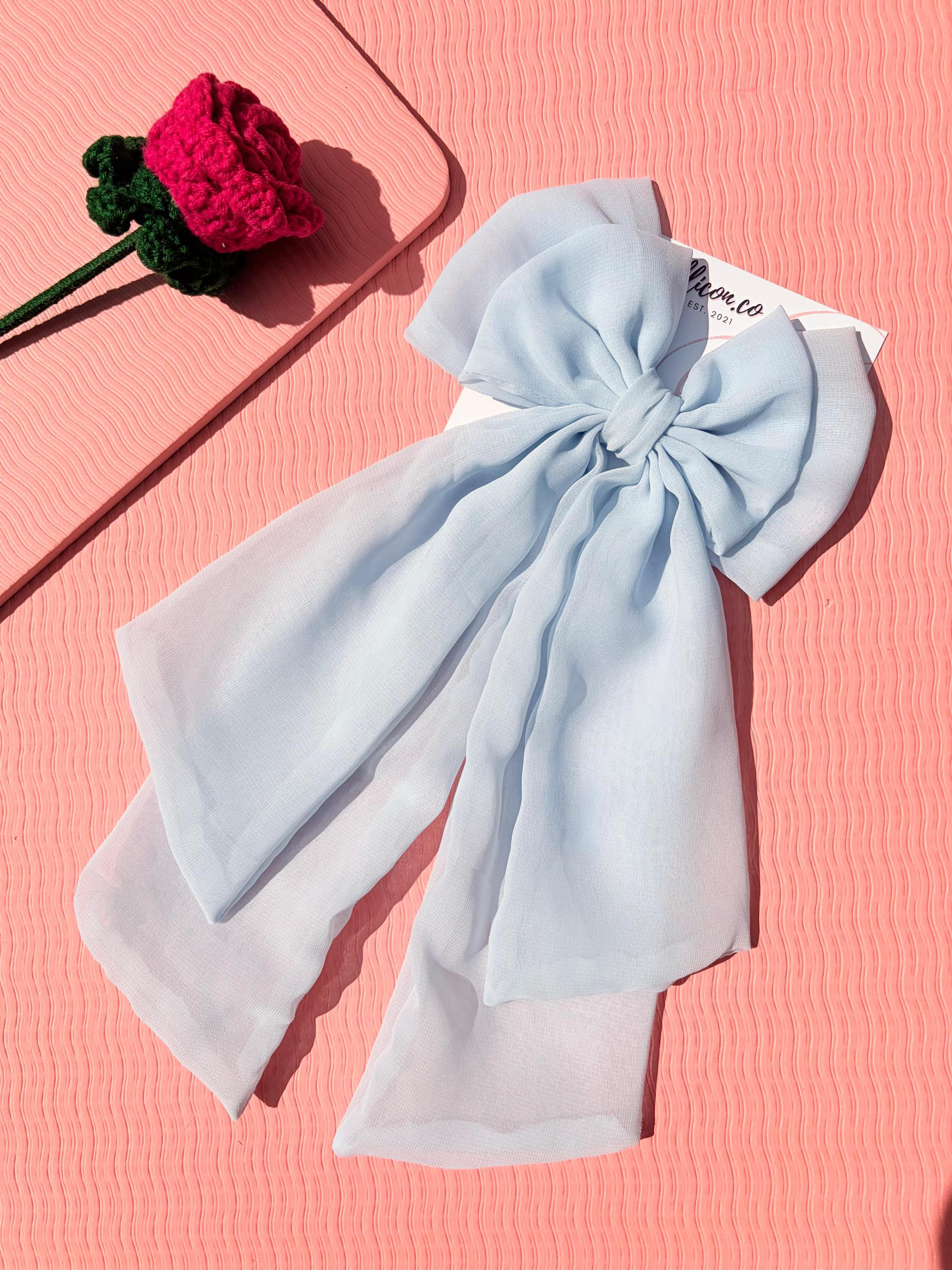 Pale Blue Double Layer Chiffon Bow Hair Clip – Large Sheer Fabric Bow with Tails