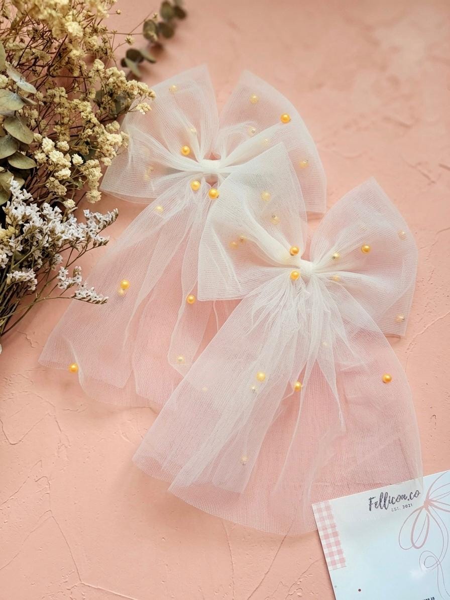 Tulle Wedding Hair Bow with Veil, Pearl Bridal Hair Clip, Sheer White Coquette Accessory
