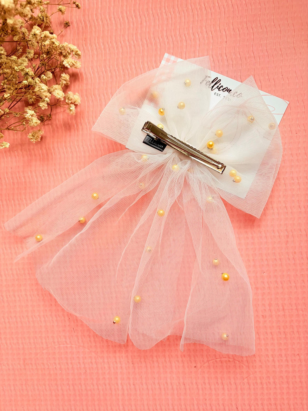 Tulle Wedding Hair Bow with Veil, Pearl Bridal Hair Clip, Sheer White Coquette Accessory