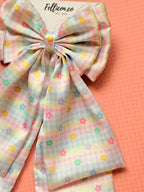 Oversized Pastel Gingham Floral Hair Bow – Handcrafted Coquette Long Tail Clip
