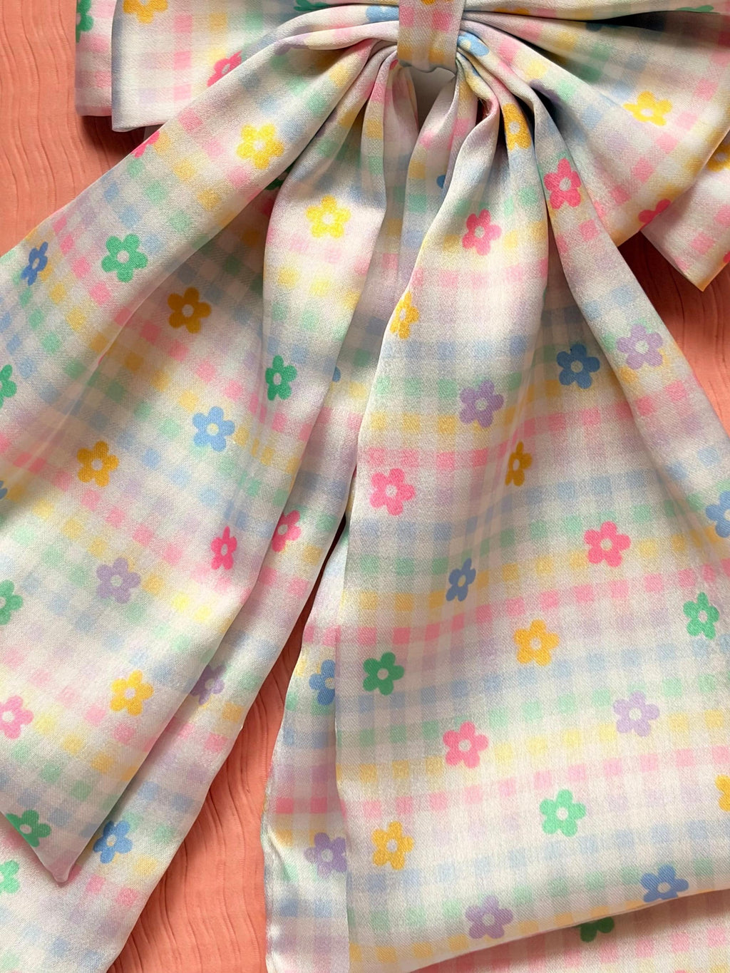Oversized Pastel Gingham Floral Hair Bow – Handcrafted Coquette Long Tail Clip