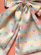 Oversized Pastel Gingham Floral Hair Bow – Handcrafted Coquette Long Tail Clip