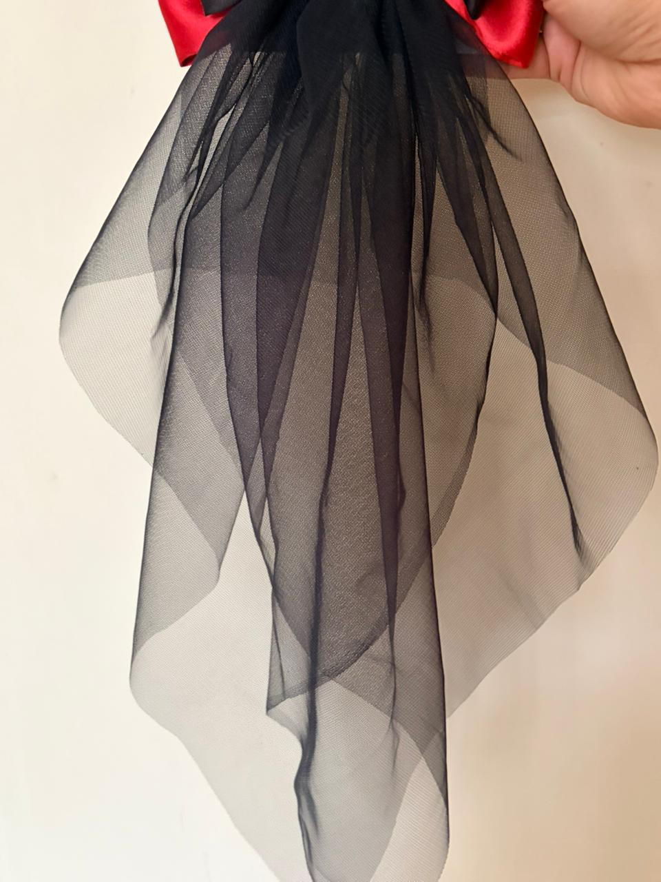 Black Red Satin Veil Hair Bow, Gothic Wedding Bridal Accessory, Vampire Coquette Goth Style