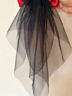 Black Red Satin Veil Hair Bow, Gothic Wedding Bridal Accessory, Vampire Coquette Goth Style