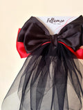 Black Red Satin Veil Hair Bow, Gothic Wedding Bridal Accessory, Vampire Coquette Goth Style