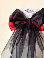 Black Red Satin Veil Hair Bow, Gothic Wedding Bridal Accessory, Vampire Coquette Goth Style