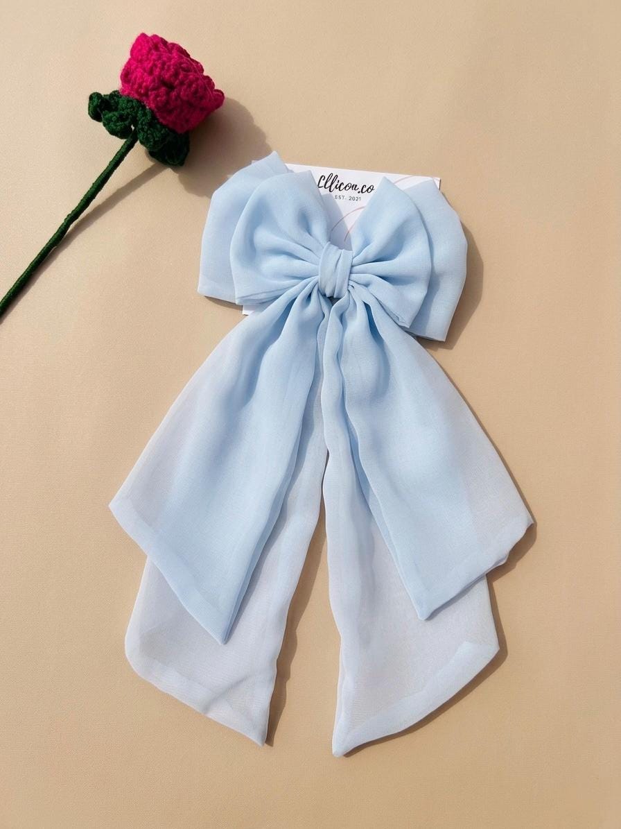 Pale Blue Double Layer Chiffon Bow Hair Clip – Large Sheer Fabric Bow with Tails