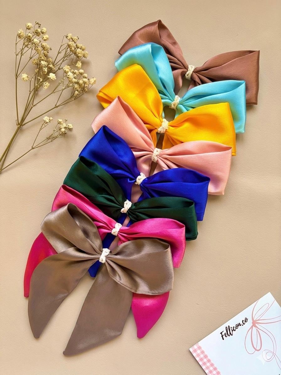 Large Satin Silk Hair Bow Clip | Minimalist Chic Multi-Color Accessory with Long Tails