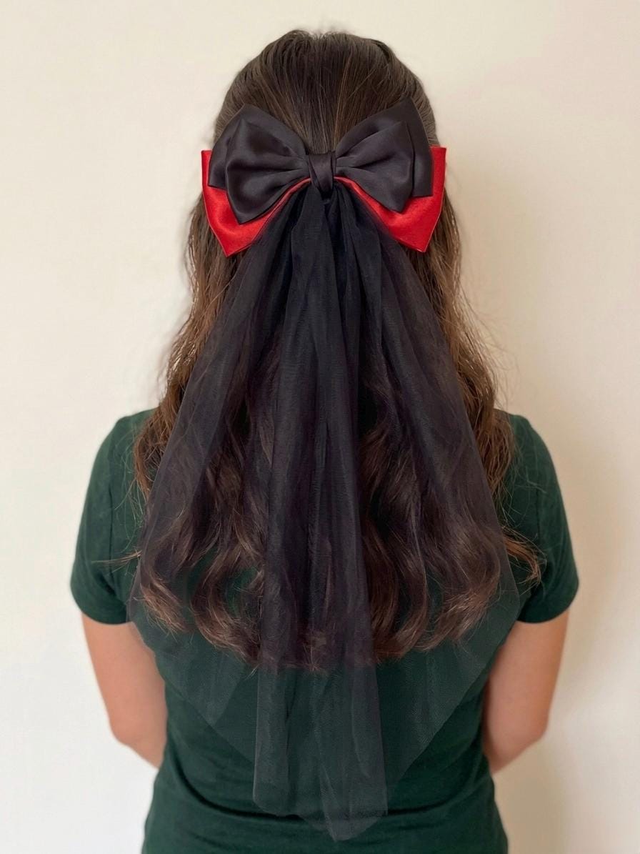 Black Red Satin Veil Hair Bow, Gothic Wedding Bridal Accessory, Vampire Coquette Goth Style