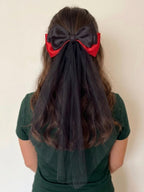 Black Red Satin Veil Hair Bow, Gothic Wedding Bridal Accessory, Vampire Coquette Goth Style