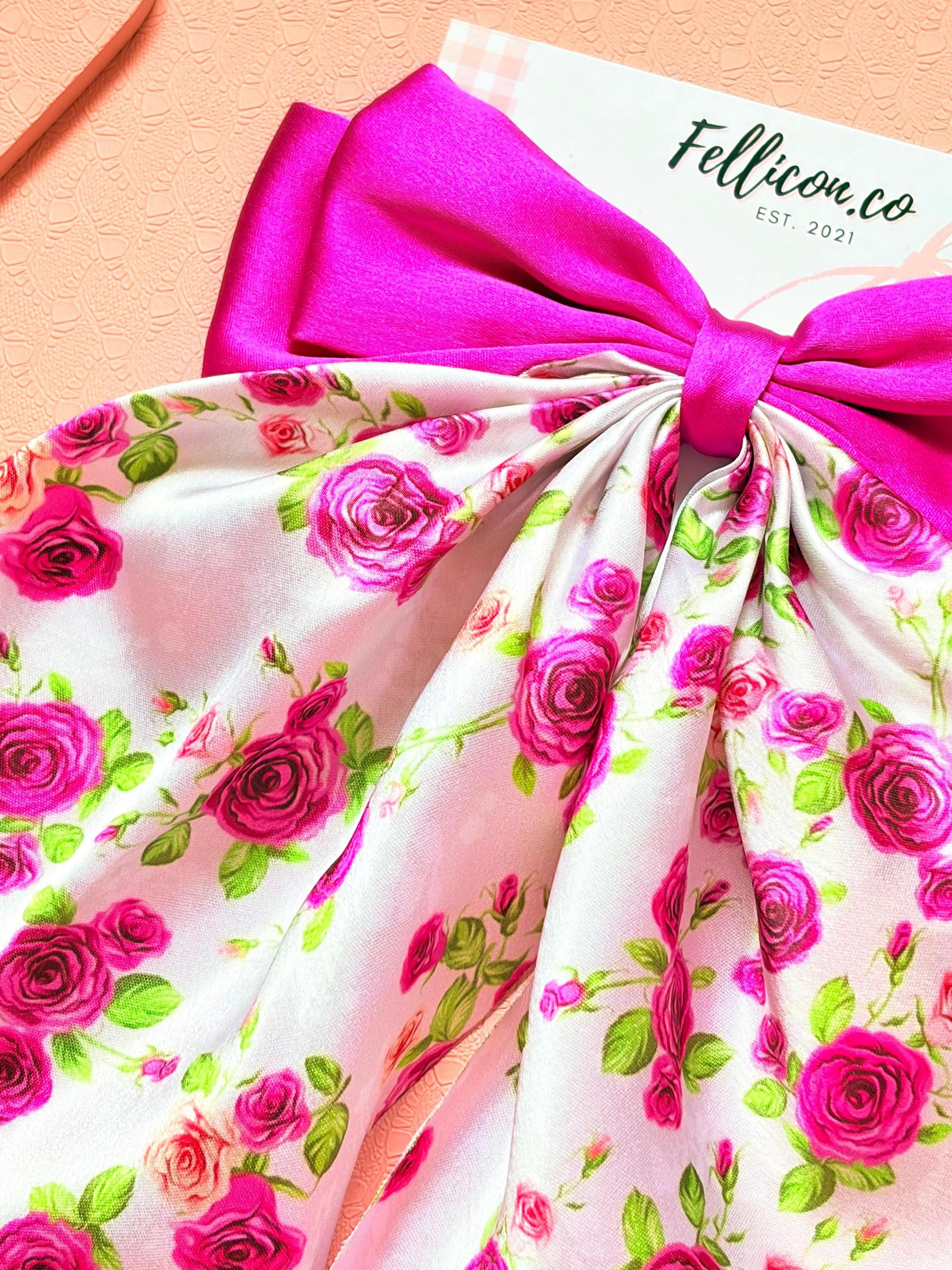 Satin Floral Rose Hair Bow Clip, Coquette Cottagecore Ribbon Accessory