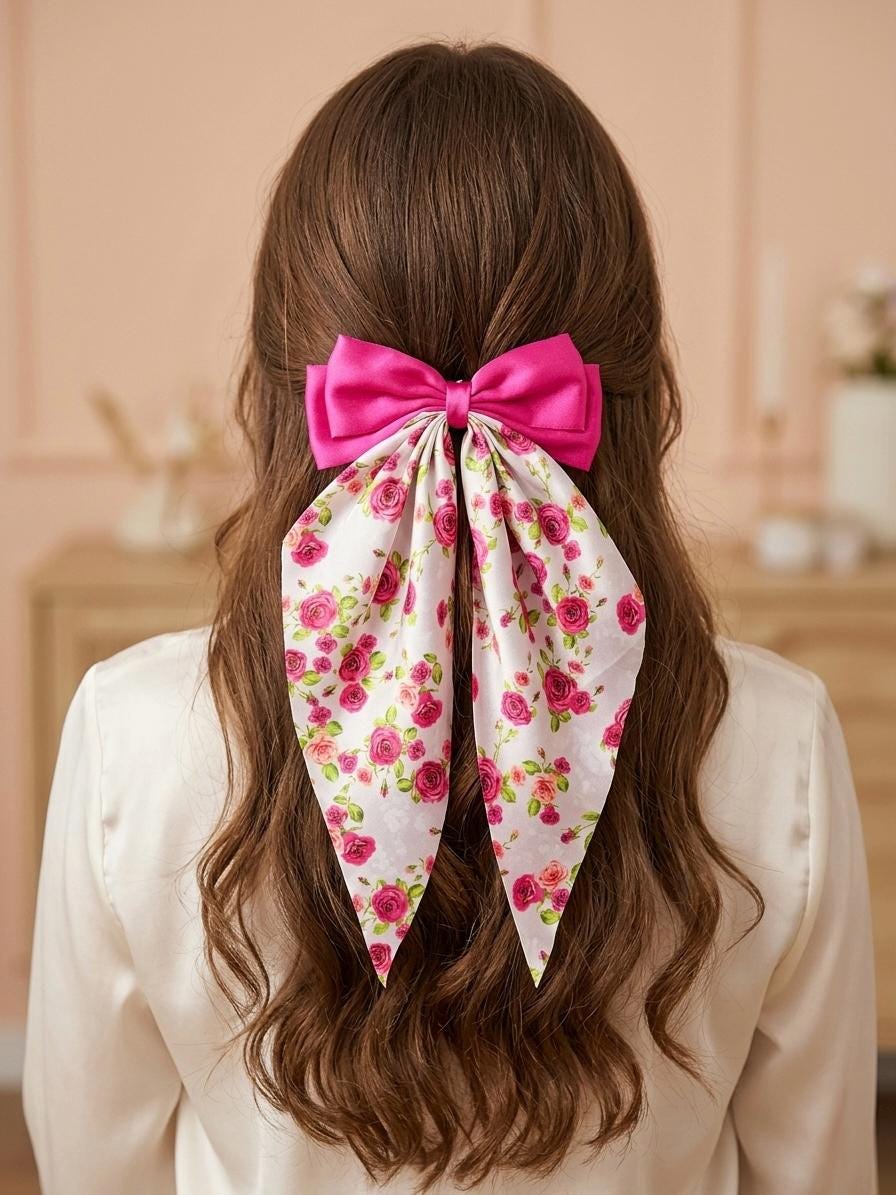 Satin Floral Rose Hair Bow Clip, Coquette Cottagecore Ribbon Accessory