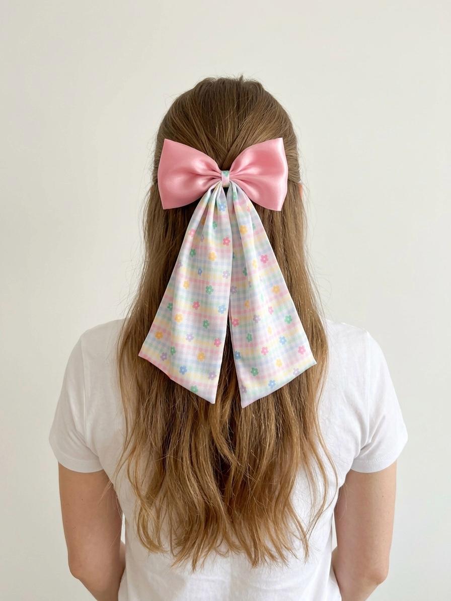 Pink Satin Hair Bow with Gingham Long Tails | Oversized Coquette Clip