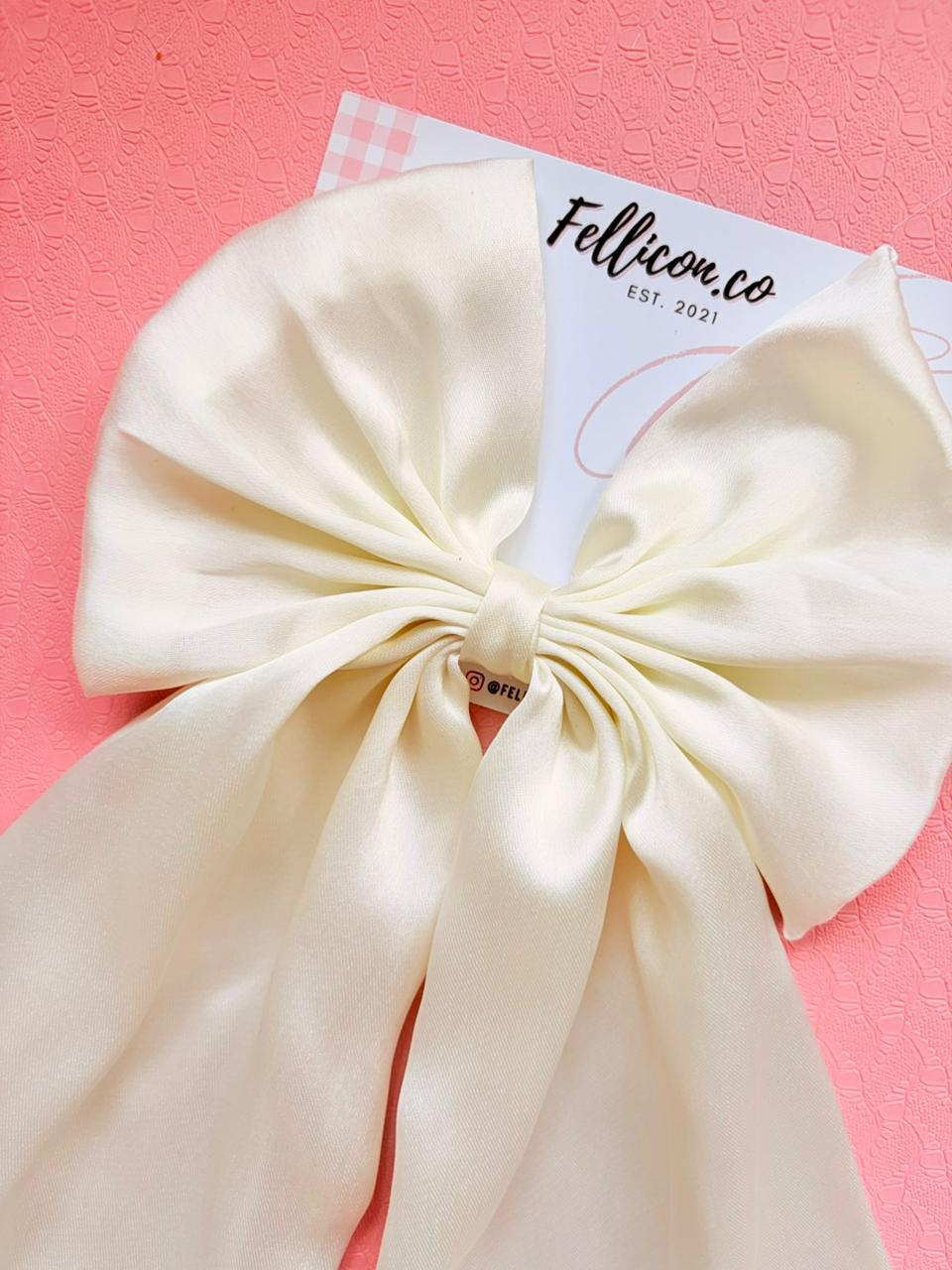 Ivory Satin Wedding Hair Bow, Long Tail Bridal Hair Clip, Elegant Minimalist Accessory