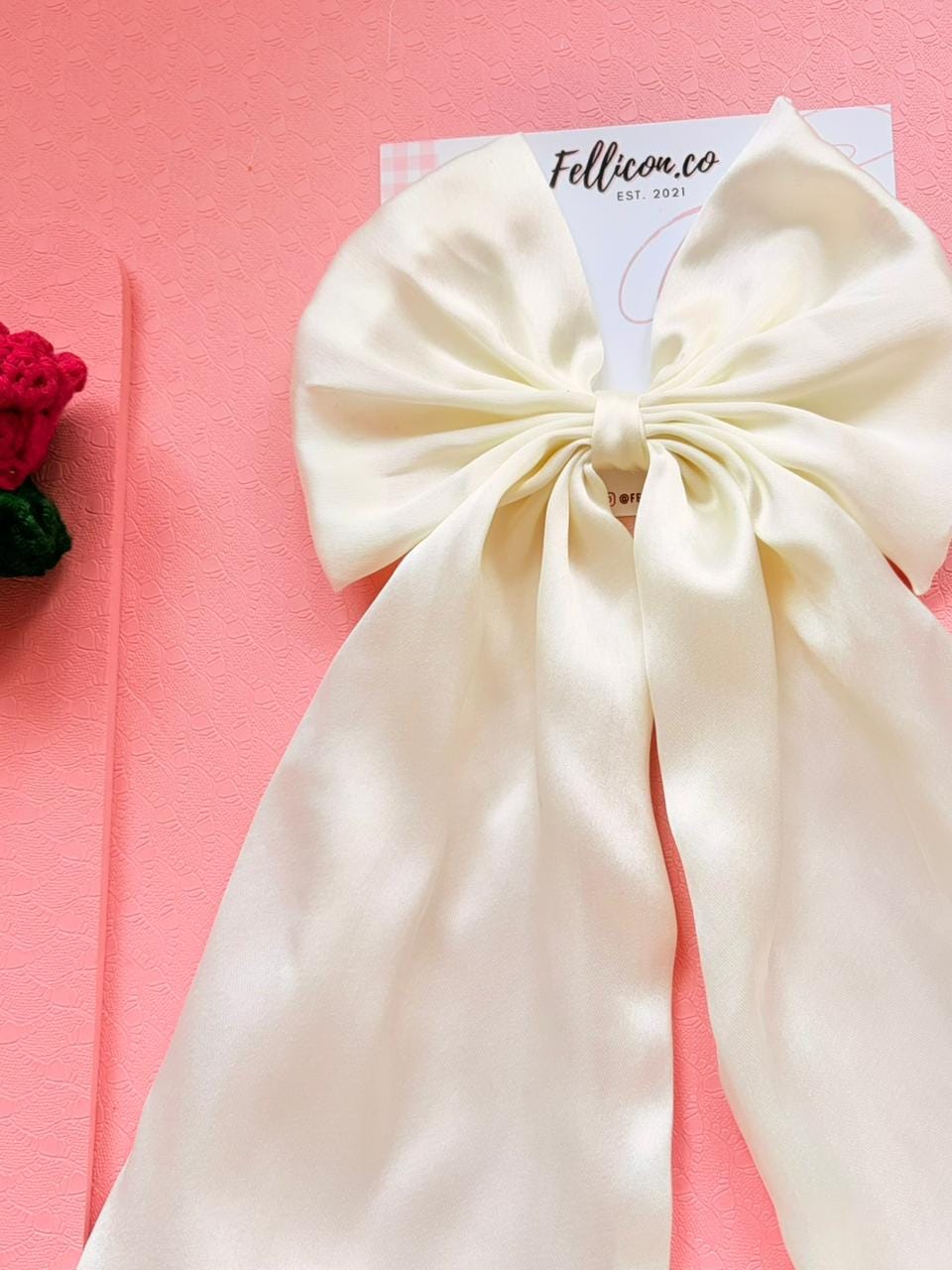 Ivory Satin Wedding Hair Bow, Long Tail Bridal Hair Clip, Elegant Minimalist Accessory