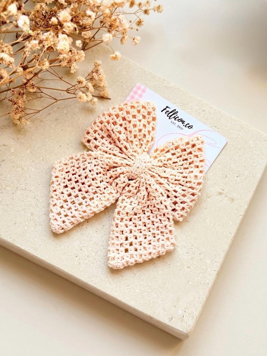 Large Crochet Vintage Hair Bow, Coquette Boho Lace Accessory Handmade Ribbon Applique