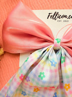 Pink Satin Hair Bow with Gingham Long Tails | Oversized Coquette Clip