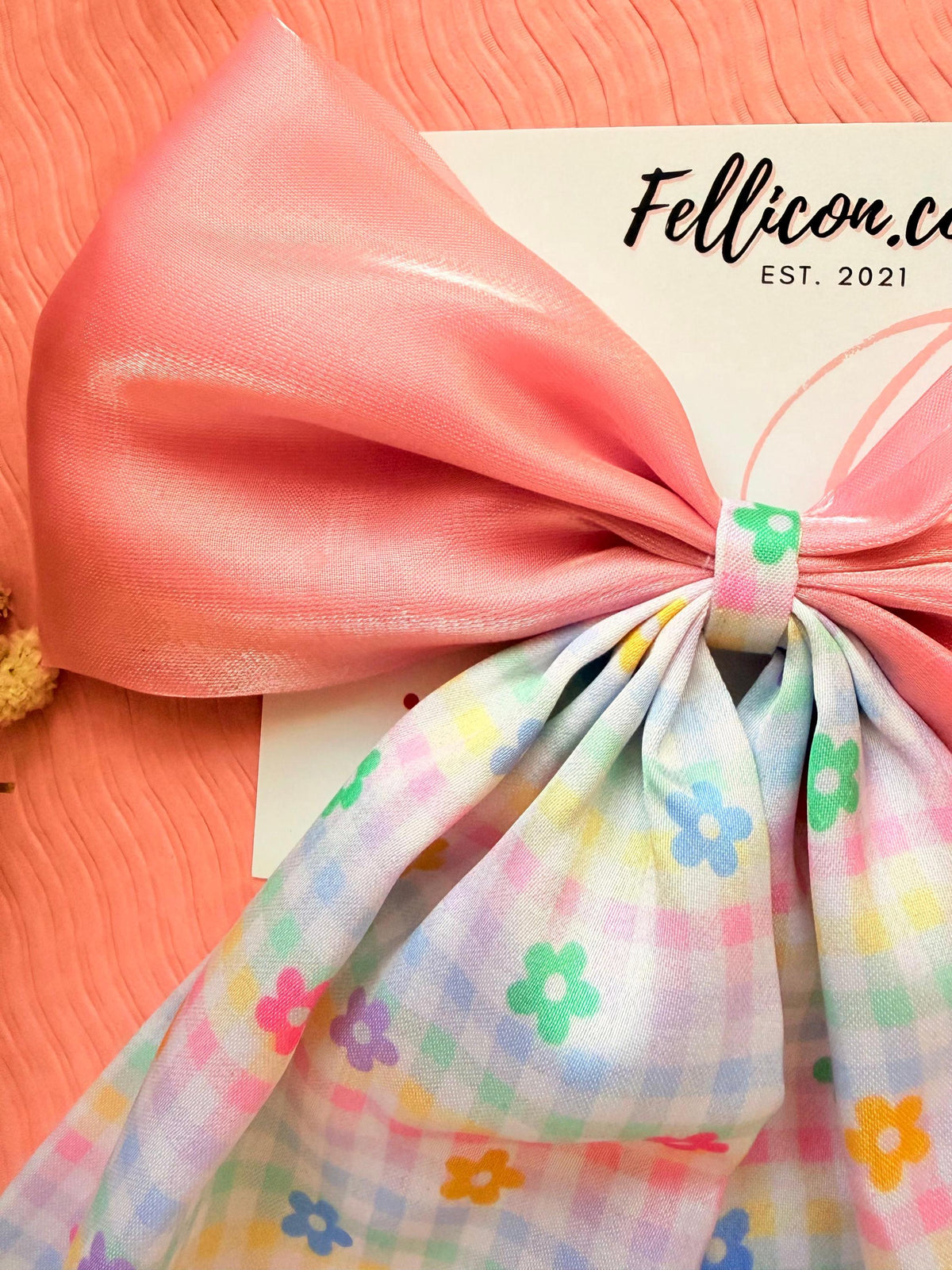 Pink Satin Hair Bow with Gingham Long Tails | Oversized Coquette Clip