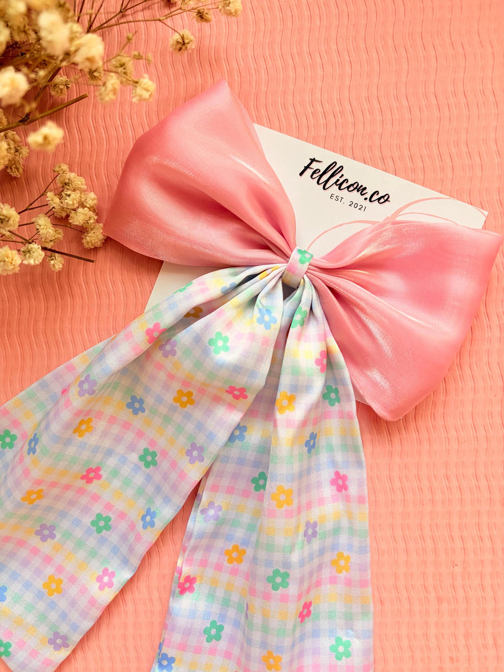 Pink Satin Hair Bow with Gingham Long Tails | Oversized Coquette Clip