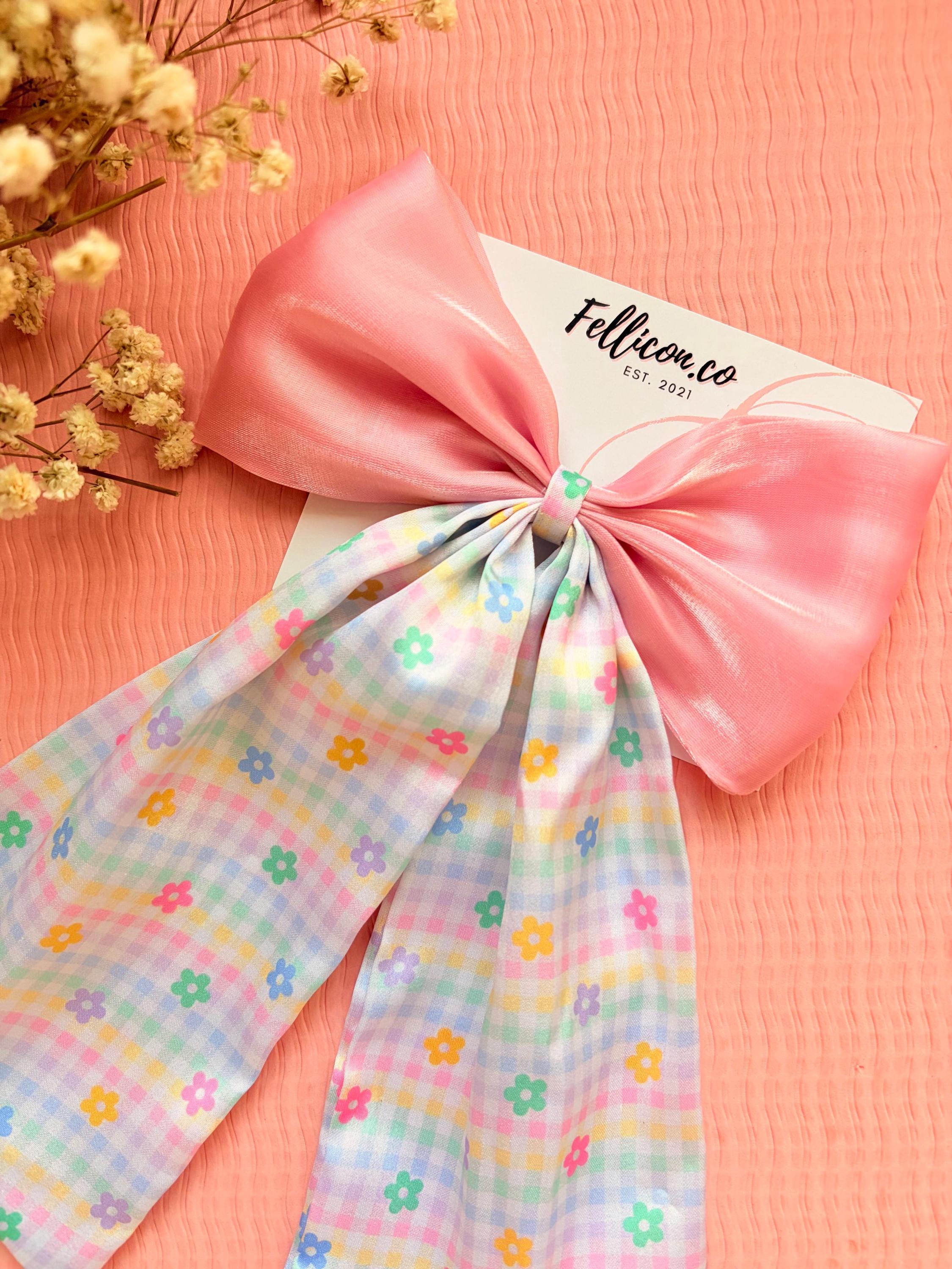 Pink Satin Hair Bow with Gingham Long Tails | Oversized Coquette Clip