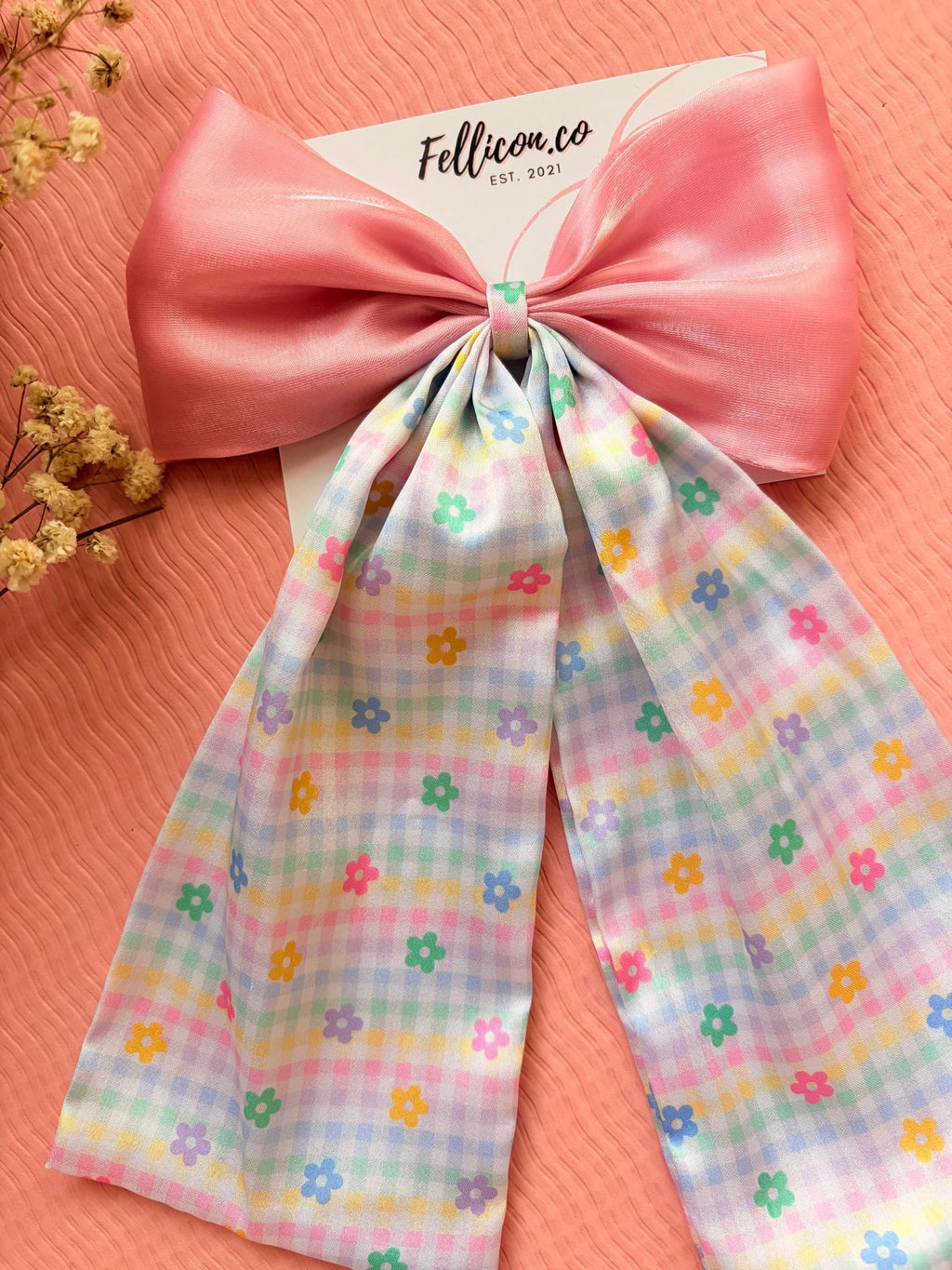 Pink Satin Hair Bow with Gingham Long Tails | Oversized Coquette Clip