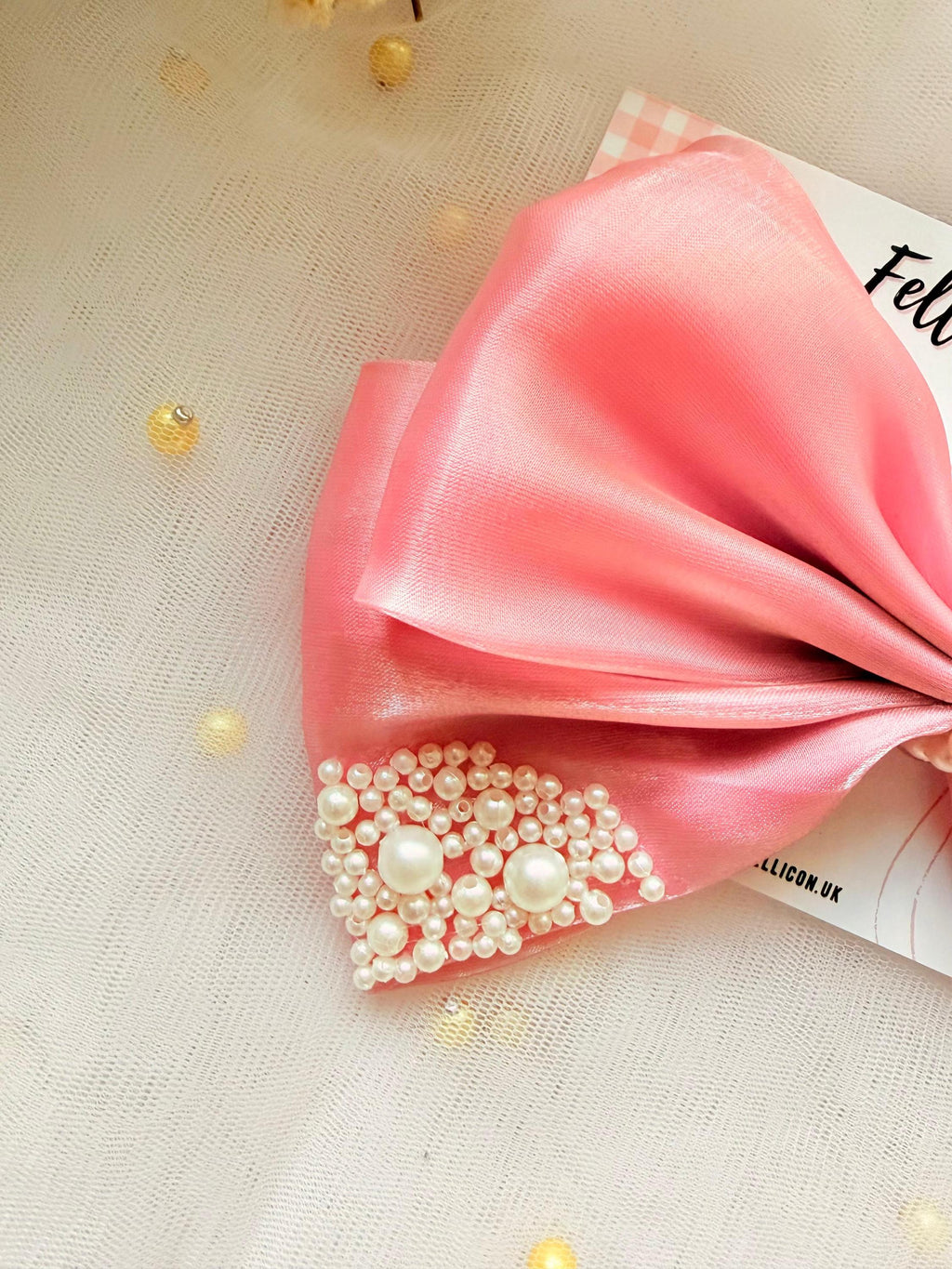 Pink Organza Pearl Hair Bow, Oversized Coquette Bridal Clip, Romantic Wedding Accessory