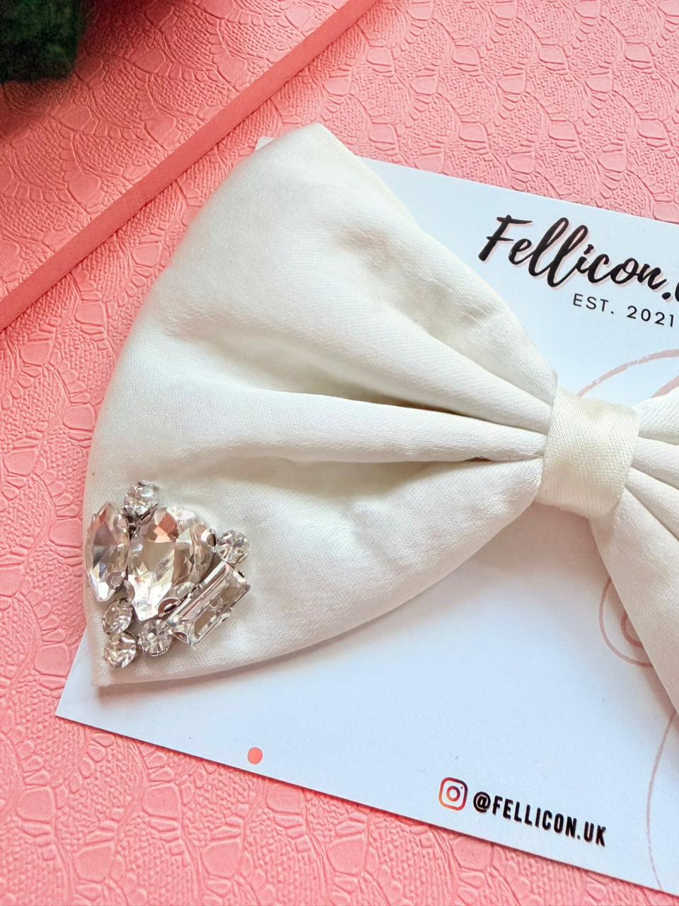 White Satin Bridal Hair Bow with Rhinestone Crystals – Elegant Wedding Hairpiece