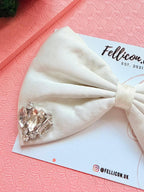 White Satin Bridal Hair Bow with Rhinestone Crystals – Elegant Wedding Hairpiece