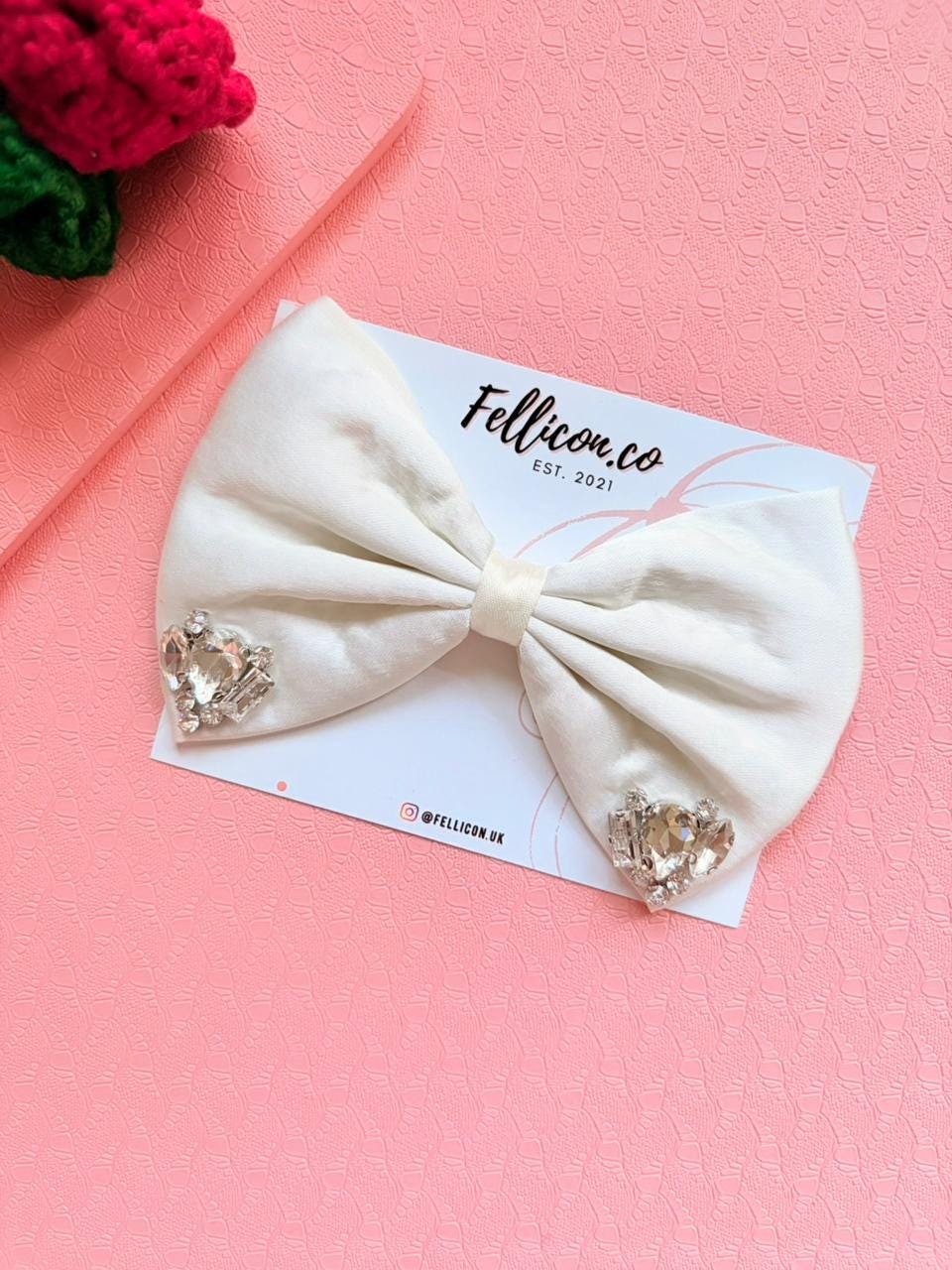 White Satin Bridal Hair Bow with Rhinestone Crystals – Elegant Wedding Hairpiece