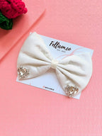 White Satin Bridal Hair Bow with Rhinestone Crystals – Elegant Wedding Hairpiece