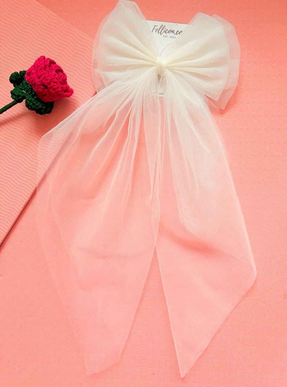 Oversized Tulle Bridal Hair Bow with Long Veil Tails, Wedding Accessory