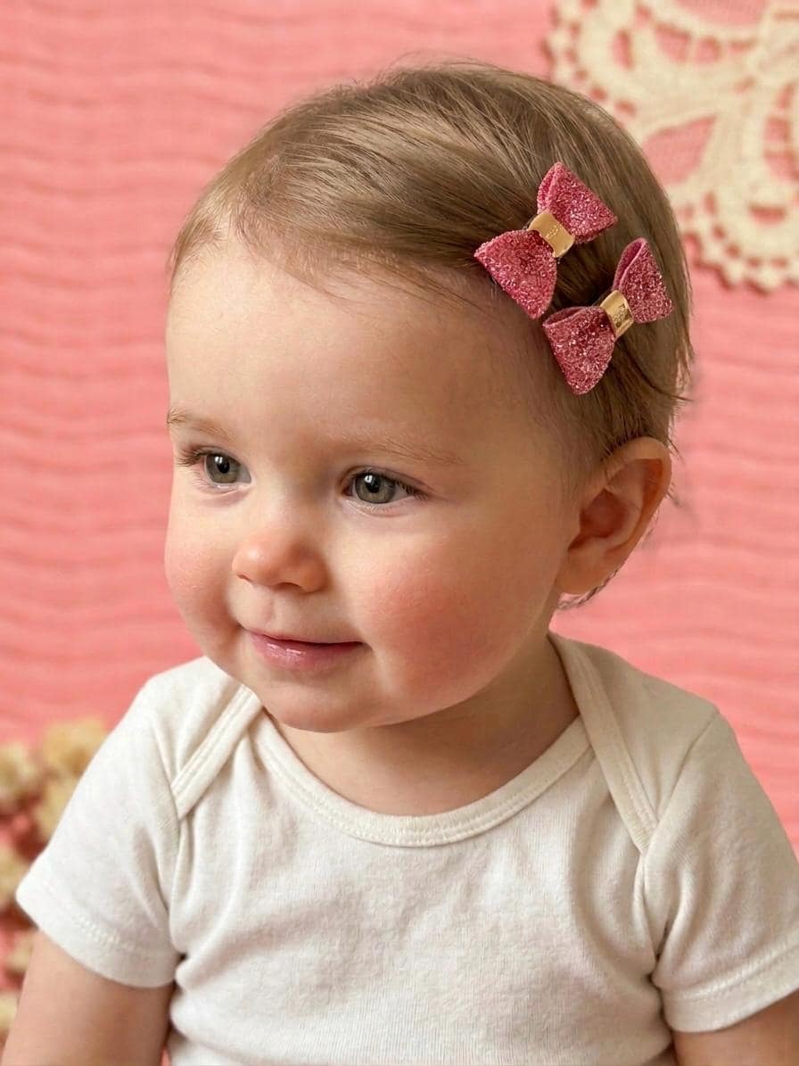 Sparkly Pink Glitter Hair Clips | 7 Pairs, No-Slip Alligator Bows for Fine Hair