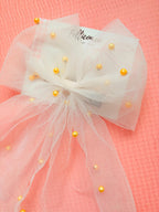 Tulle Wedding Hair Bow with Veil, Pearl Bridal Hair Clip, Sheer White Coquette Accessory