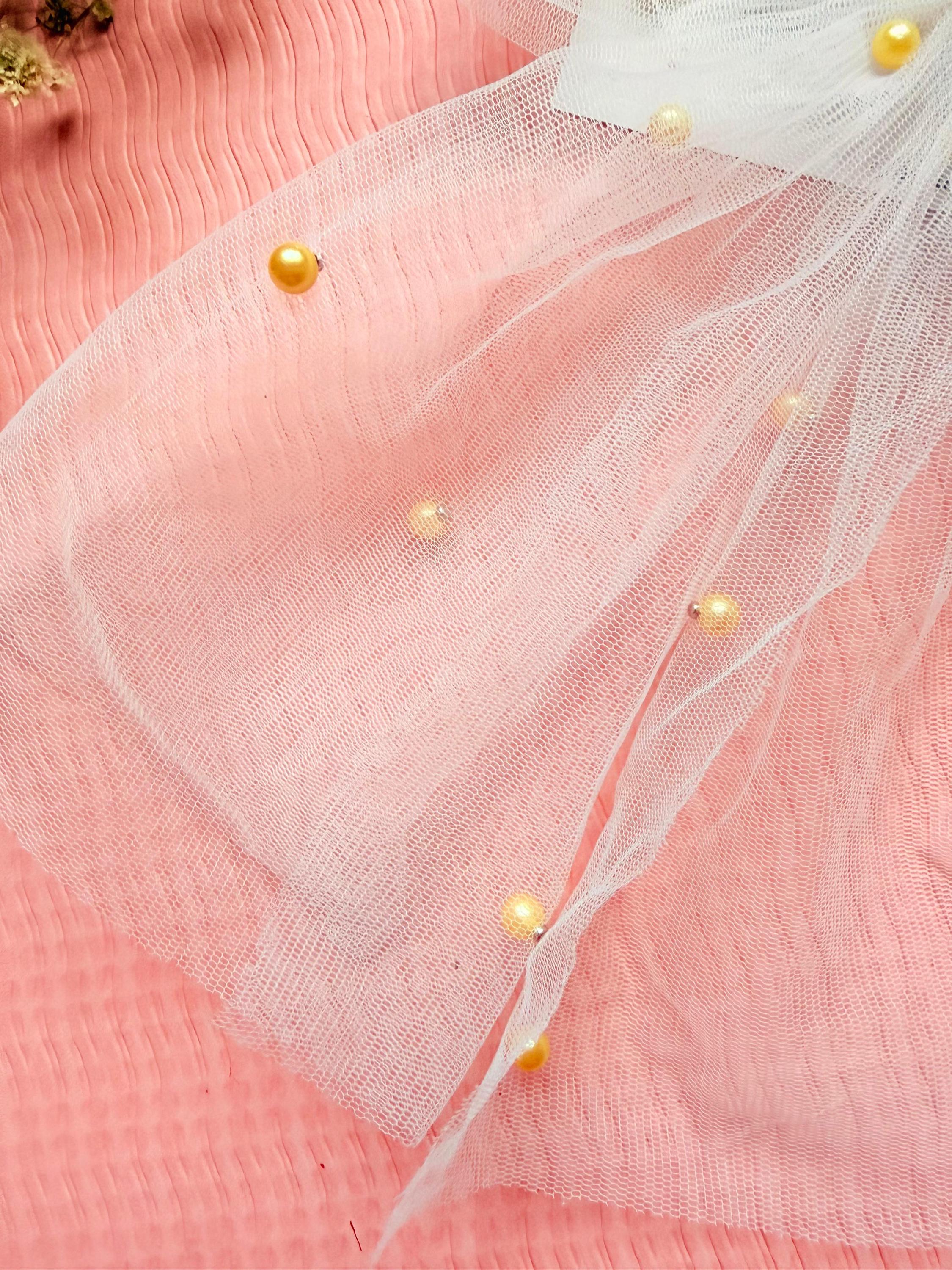 Tulle Wedding Hair Bow with Veil, Pearl Bridal Hair Clip, Sheer White Coquette Accessory