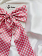 Pink & White Checkered Satin Gingham Long Tail Hair Bow for Women | Gift for her