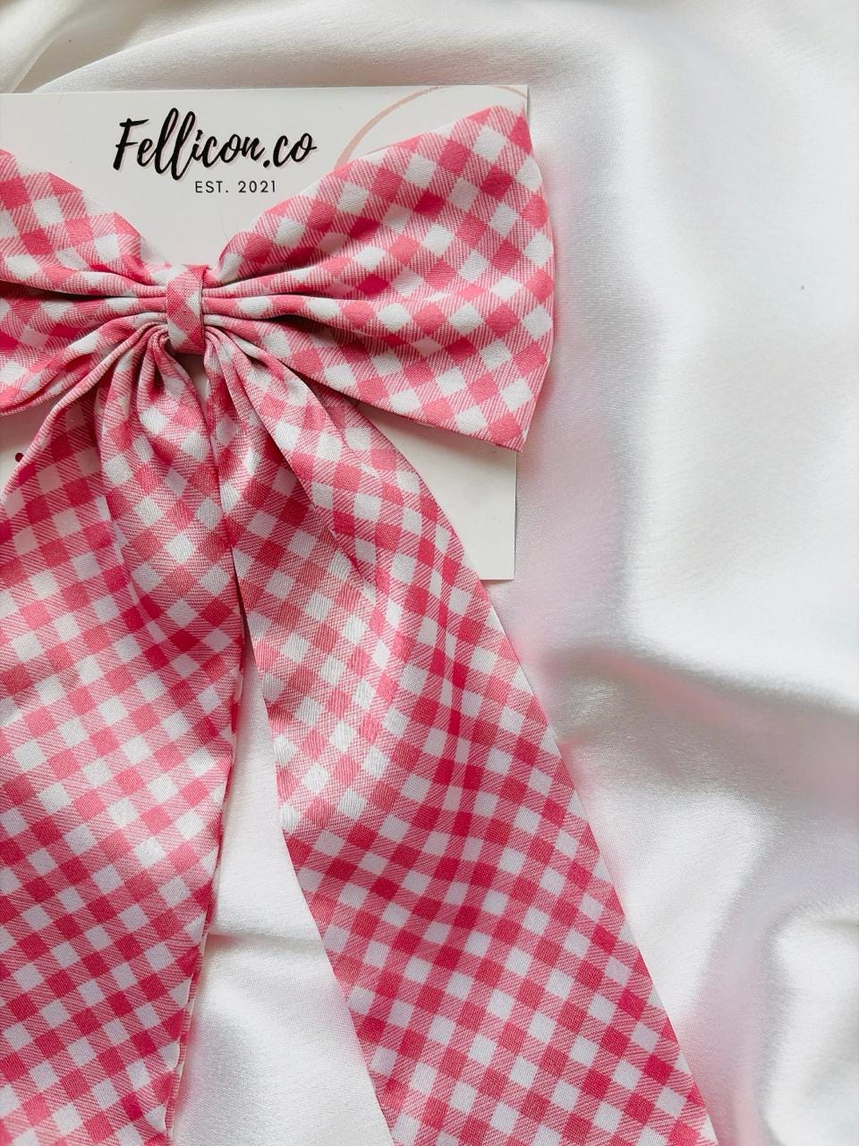Pink & White Checkered Satin Gingham Long Tail Hair Bow for Women | Gift for her
