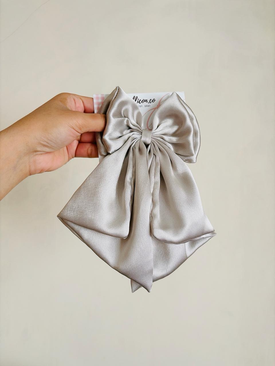 Oversized Satin Hair Bow, Silver Grey Statement Piece, Bridal Hair Clip