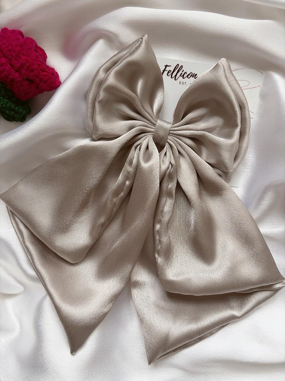 Oversized Satin Hair Bow, Silver Grey Statement Piece, Bridal Hair Clip