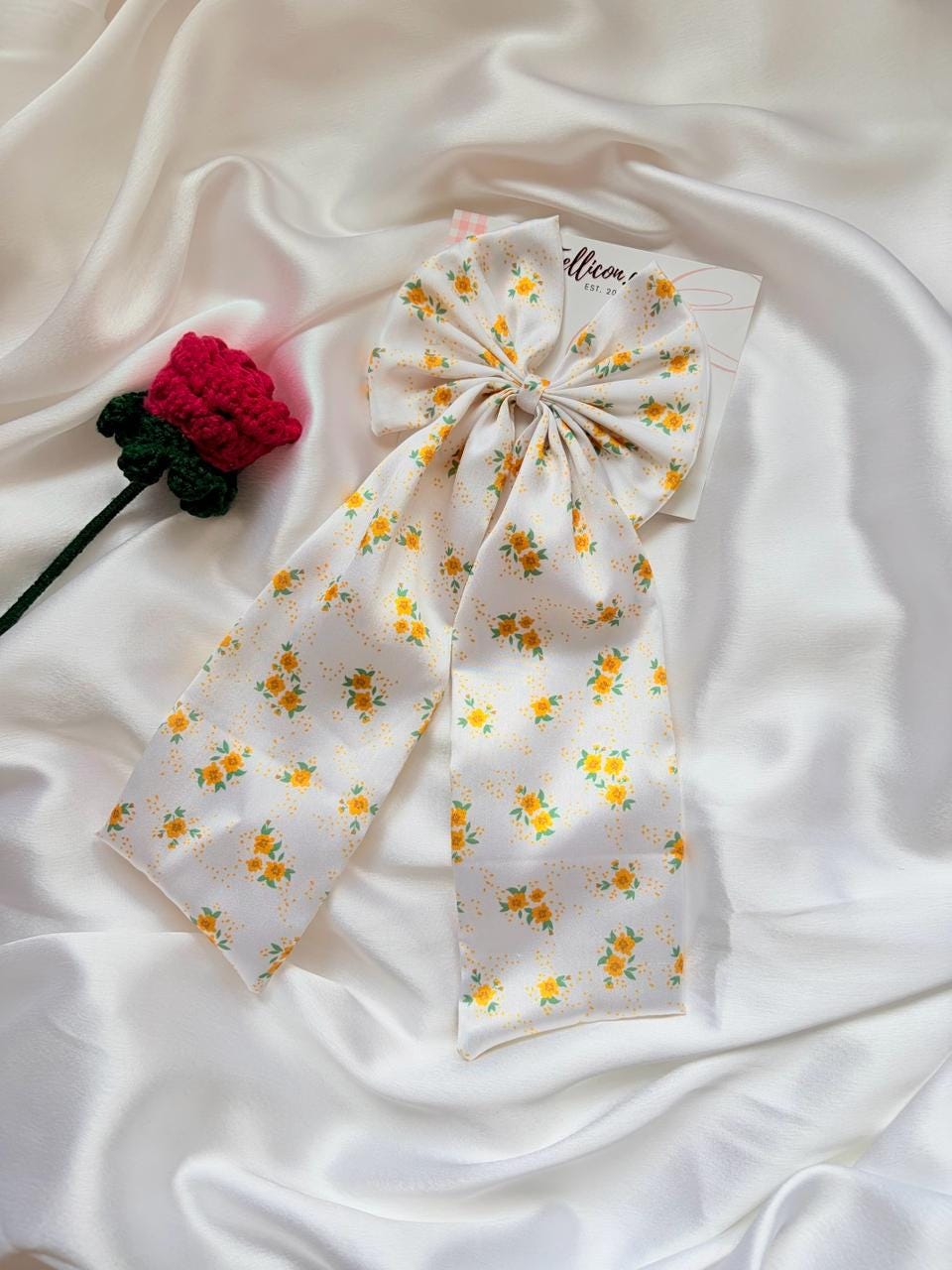Floral Satin Hair Bow with Long Tails, Cottagecore White Yellow Flower Clip