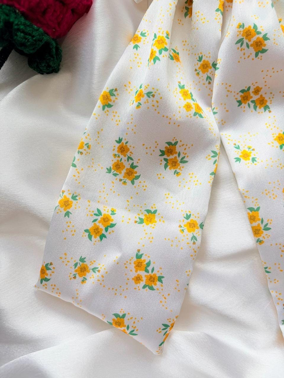 Floral Satin Hair Bow with Long Tails, Cottagecore White Yellow Flower Clip