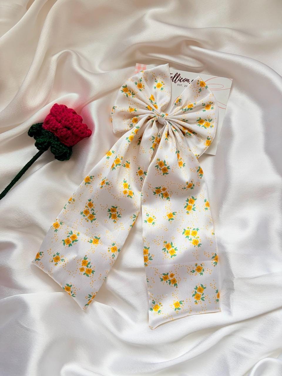 Floral Satin Hair Bow with Long Tails, Cottagecore White Yellow Flower Clip