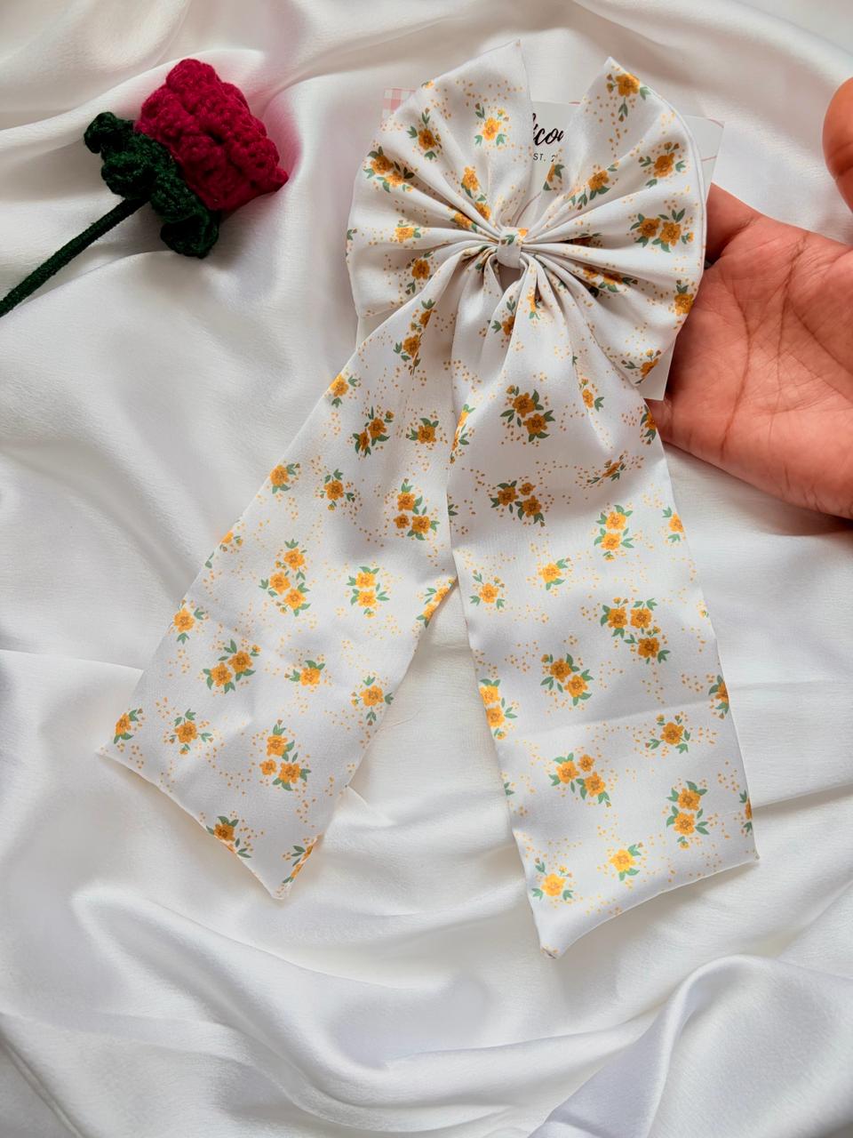 Floral Satin Hair Bow with Long Tails, Cottagecore White Yellow Flower Clip