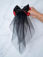 Black Red Satin Veil Hair Bow, Gothic Wedding Bridal Accessory, Vampire Coquette Goth Style