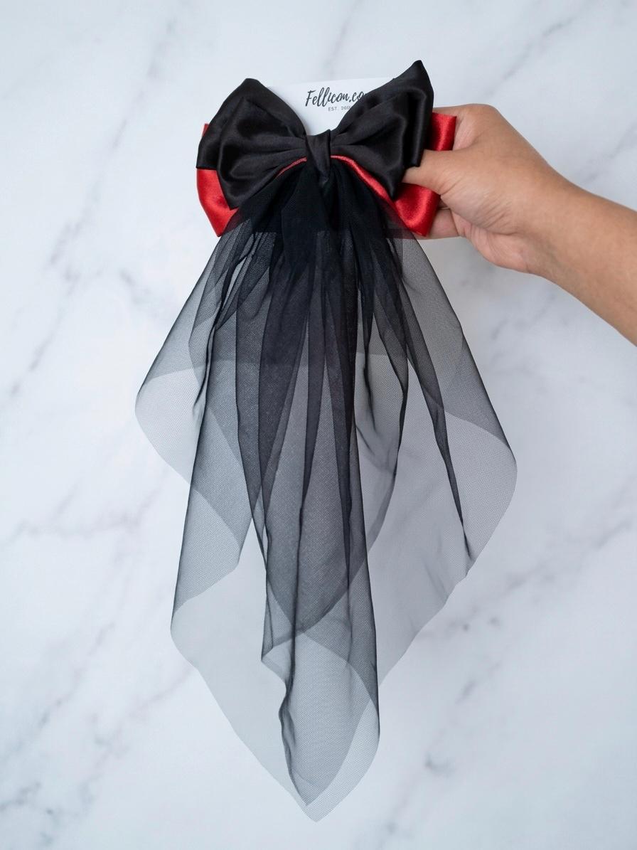 Black Red Satin Veil Hair Bow, Gothic Wedding Bridal Accessory, Vampire Coquette Goth Style