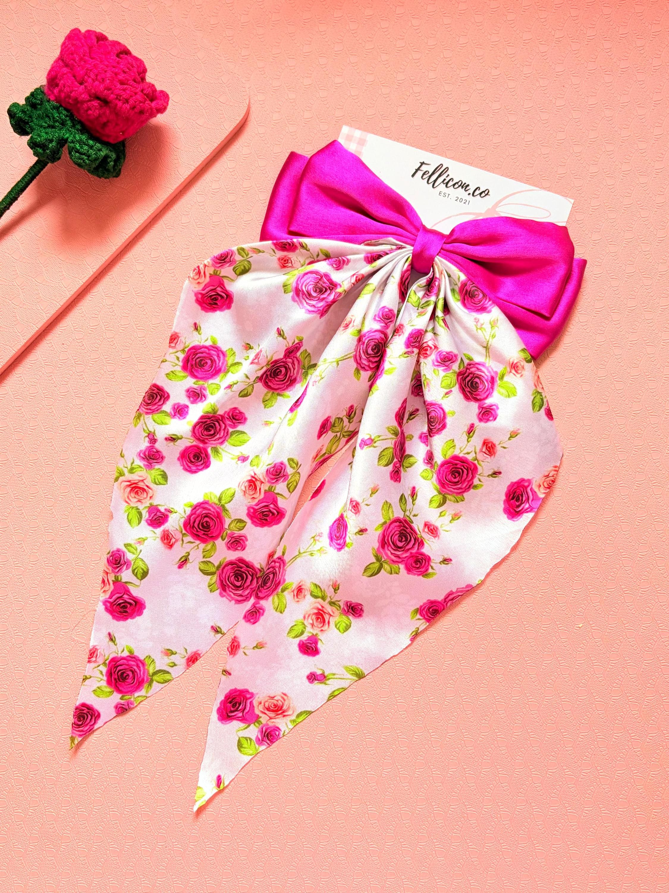 Satin Floral Rose Hair Bow Clip, Coquette Cottagecore Ribbon Accessory