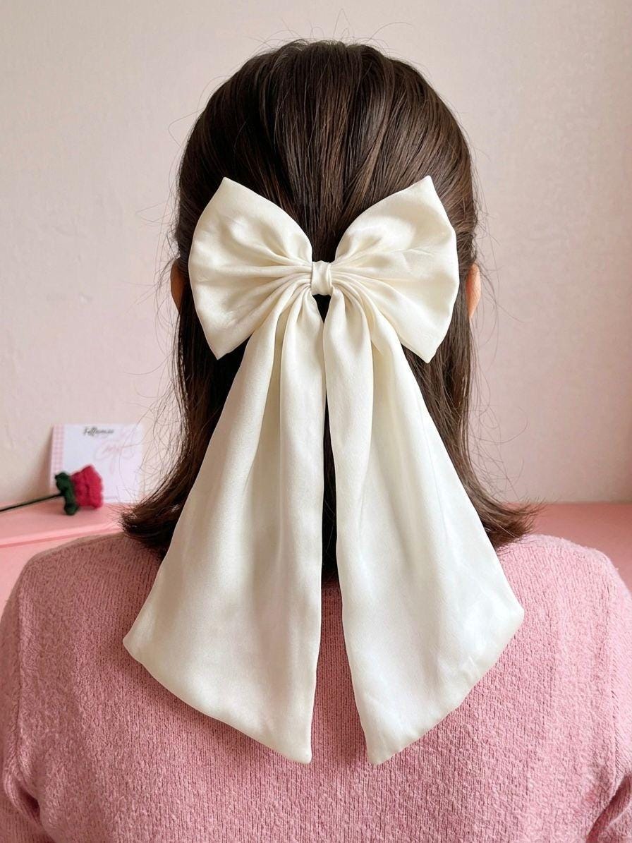 Ivory Satin Wedding Hair Bow, Long Tail Bridal Hair Clip, Elegant Minimalist Accessory