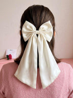 Ivory Satin Wedding Hair Bow, Long Tail Bridal Hair Clip, Elegant Minimalist Accessory